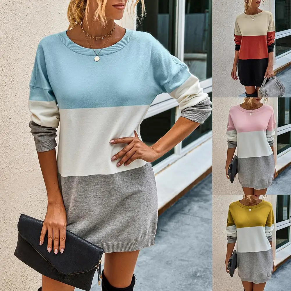 Fashion Sweater Women Dress O Neck Strips Color Block Slim Long women clothing Mini Warm Turtleneck Vestidos | Женская одежда