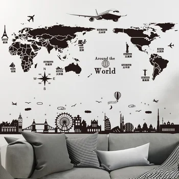 

[shijuekongjian] World Map Wall Stickers DIY Europe Style Buildings Wall Decals for Living Room Bedroom Office Home Decoration