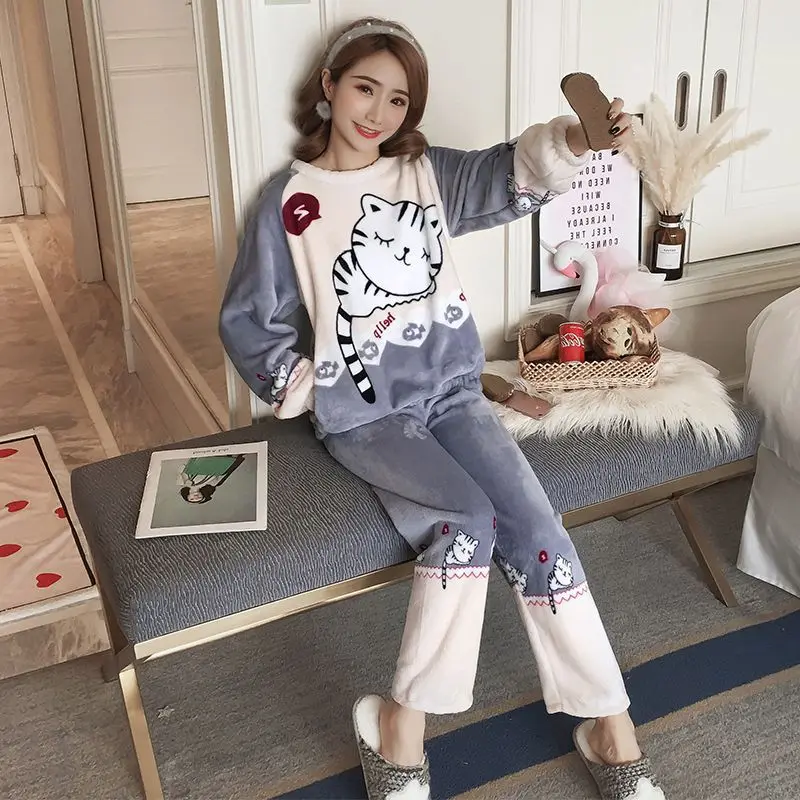 Лидер продаж; Рождественская пижама из кораллового флиса с милым рисунком для девушек; комплект из двух предметов; плотная фланелевая домашняя одежда; удобный теплый костюм