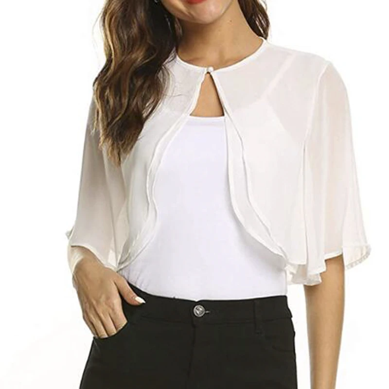 New Fashion Womens Half Sleeve Layered Open Front Loose Sheer Bolero Chiffon Shrug Cardigan Top For Wedding Party Dress Cover Up