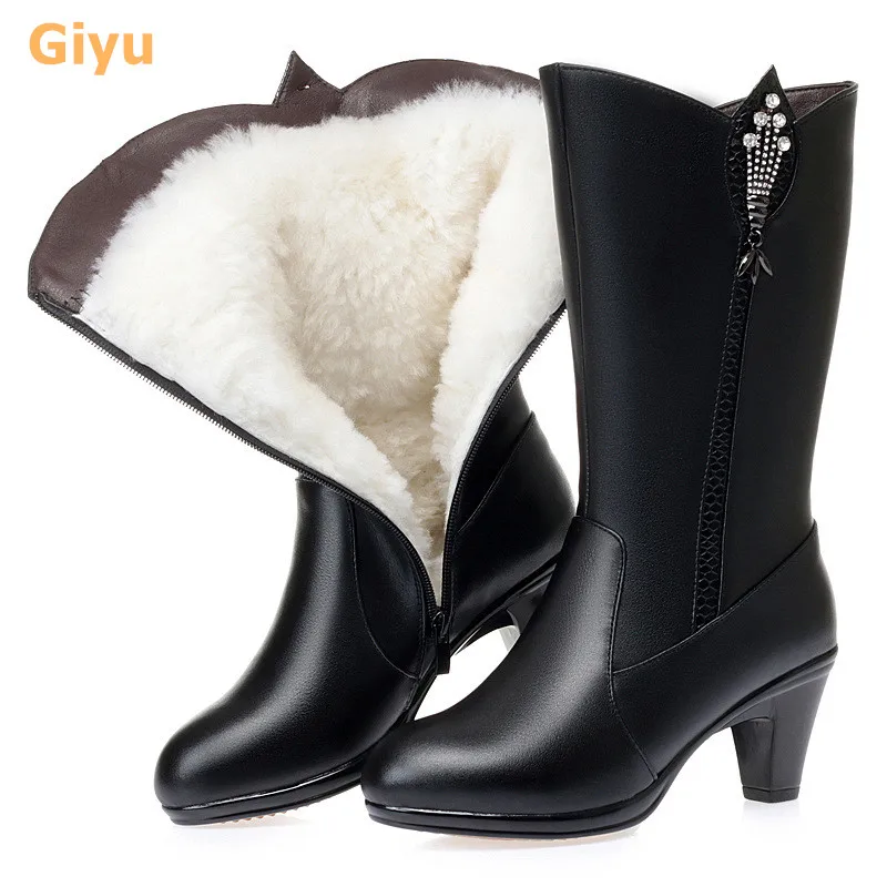 Fashion women's boots 2020 winter new Genuine Leather High heel riding boots wool Mid-Calf boots Women's black plus size shoes