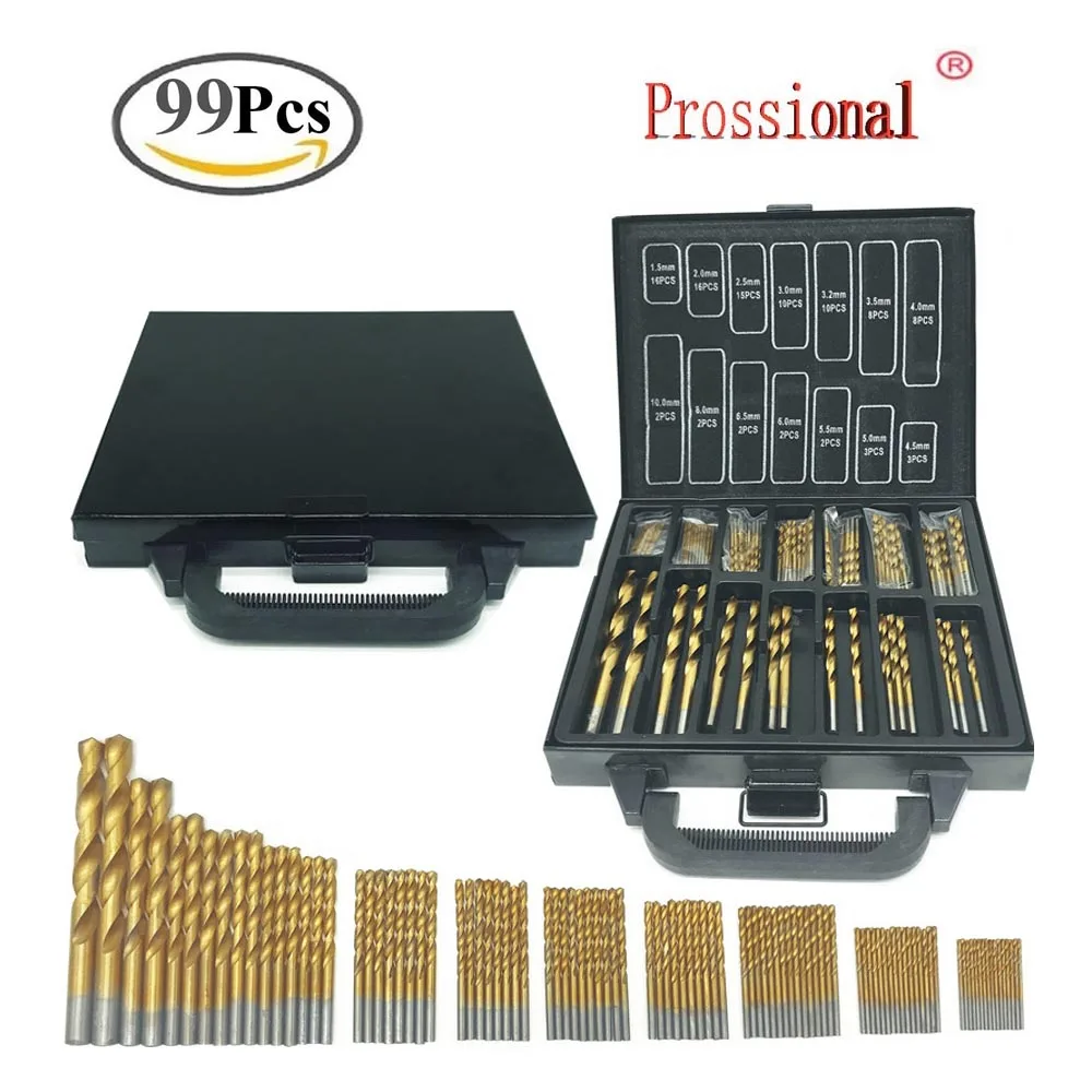 

New 99PCS Iron Box packing HSS Twist Drill Bits Set 1.5-10mm Titanium Coated Surface 118 Degree For Drilling woodworking