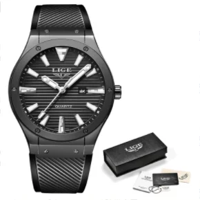 All black LIGE мужские часы с силиконовым ремешком, мужские военные спортивные часы, мужские водонепроницаемые часы из нержавеющей стали, золотые кварцевые часы, мужские часы - Цвет: All black