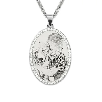 

AILIN Sterling Silver Personalized Photo Necklace Oval Photo Engraved Necklace With Birthstones Memorial Gift for Her