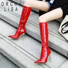 ORCHA LISA/женская зимняя обувь пикантные сапоги до колена вечерние сапоги на шпильке с острым носком, на молнии красные, белые, черные узкие сапоги