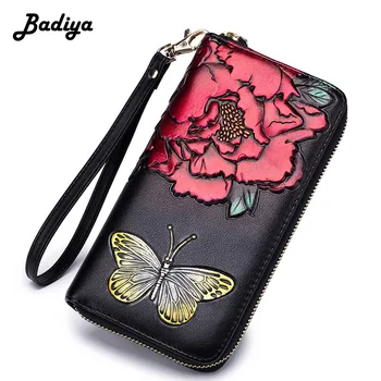 

Vintage RFID Genuine Leather Women Wallet Personlity Rose Printing Clutch Bag Multi Slots Card Holder Large Capacity Coin Purse