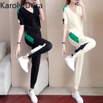 

Women's suit 2020 summer new knitted slim slimming breathable ice silk knitted two-piece short-sleeved top + pants