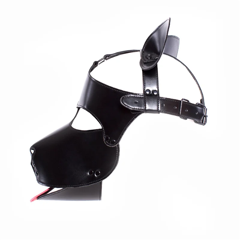 Unisex Soft Faux Leather Dog Puppy Fetish Hood Red Tongue Cosplay Head Harness Pet Play Costume