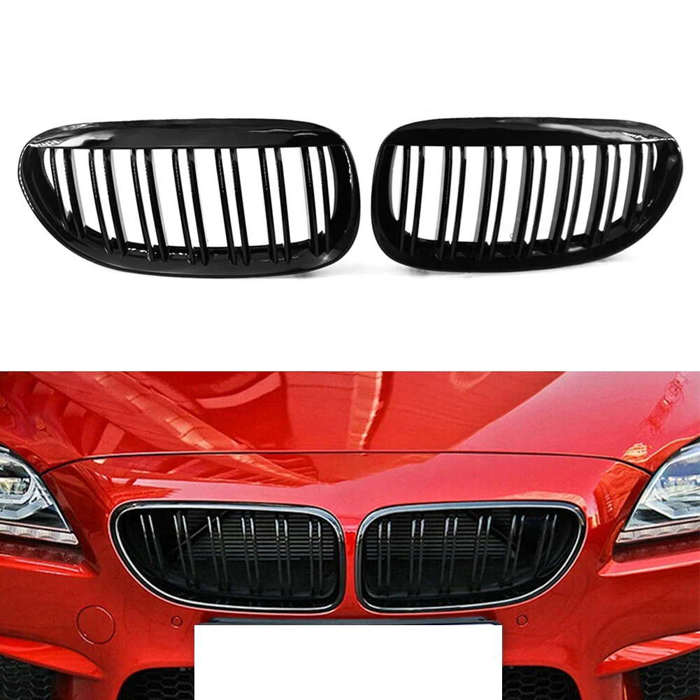 Glossy Black Double Line 1 Pair Front Kidney Grille Grill Fit 2004-2010 E63 E64 650i 650Ci 645Ci M6 2-Door 