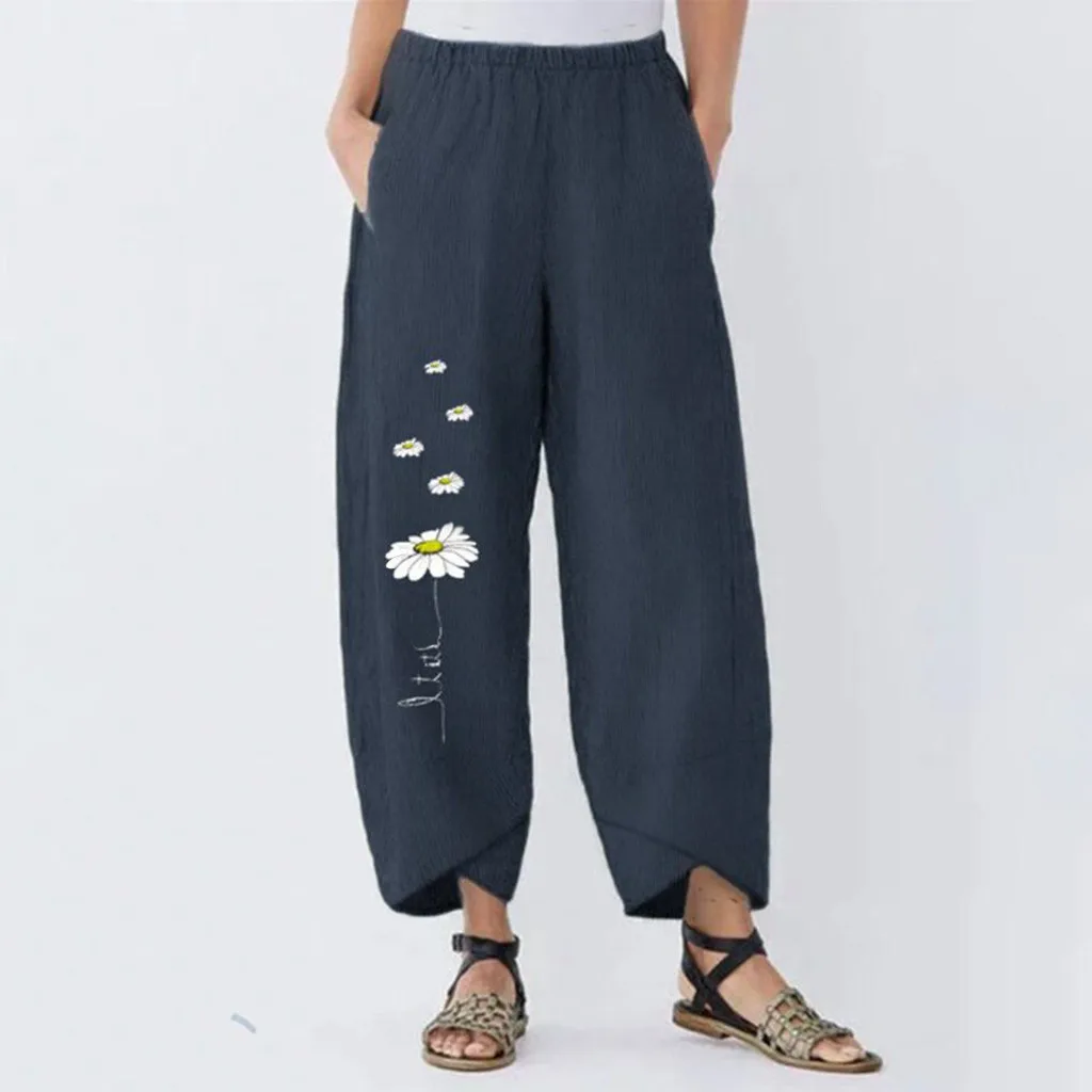 Pants Women Summer Irregular Hem Loose Daisy Print Cotton Linen Elastic Waist Trousers Female Wide Leg Pockets Pantalones #616 | Женская