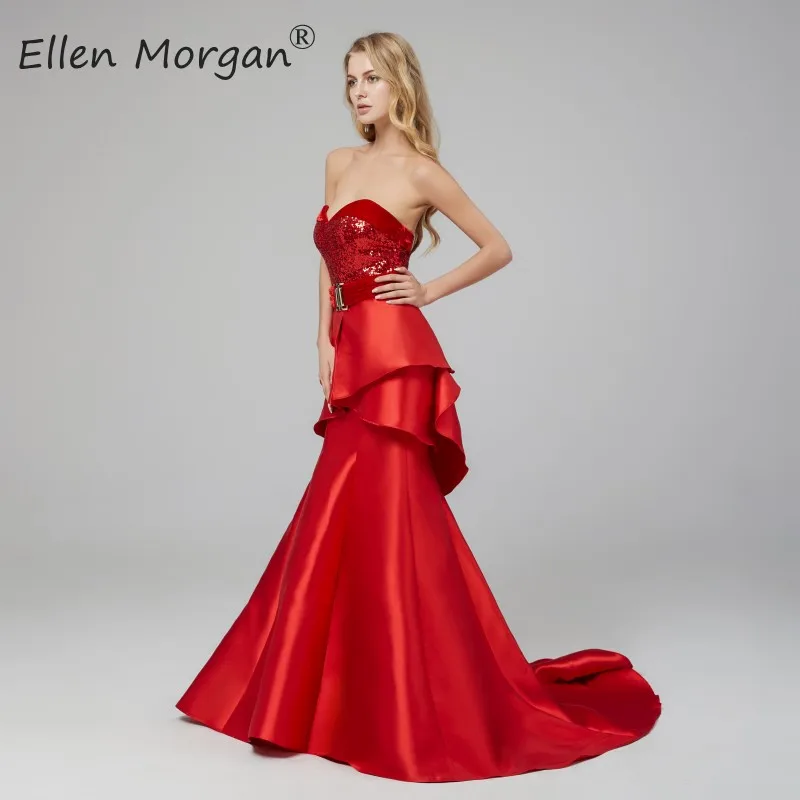 Красное милое платье Mermiad для выпускного вечера, длинное, vestido de festa, простое платье с поясом, с блестками, велюровое, атласное, с оборками, для официальных мероприятий, вечерние платья