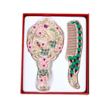 

Retro Bronze Handheld Mirrors Hollow Cosmetic Compact Mirror Comb Set With Gift Box Carved Pattern Makeup Mirror Women Gifts