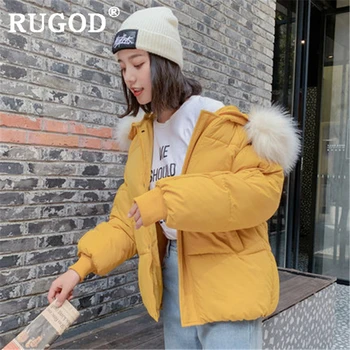

RUGOD Elegant winter coat women with fur hooded 2019 Fashion solid loose padded jackets and coat female Casual padded parka coat