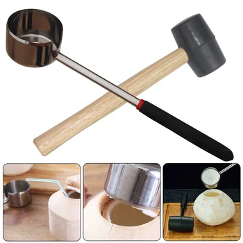 

Practical Lightweight Coconut Opener Tool Set Stainless Steel Opener with Wooden Mallet