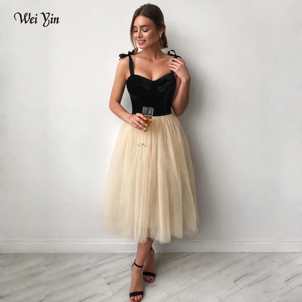 Weiyin AE0621 Tulle Spaghetti Prom Dresses A Line Velvet Top Sexy Girls Cocktail Dresses Tea Length Homecoming women prom dresses