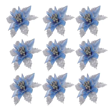 

12Pcs Blue Glitter Fake Flowers With Golden Edges Artificial Flowers Decorations Christmas Tree Glitter Adornments