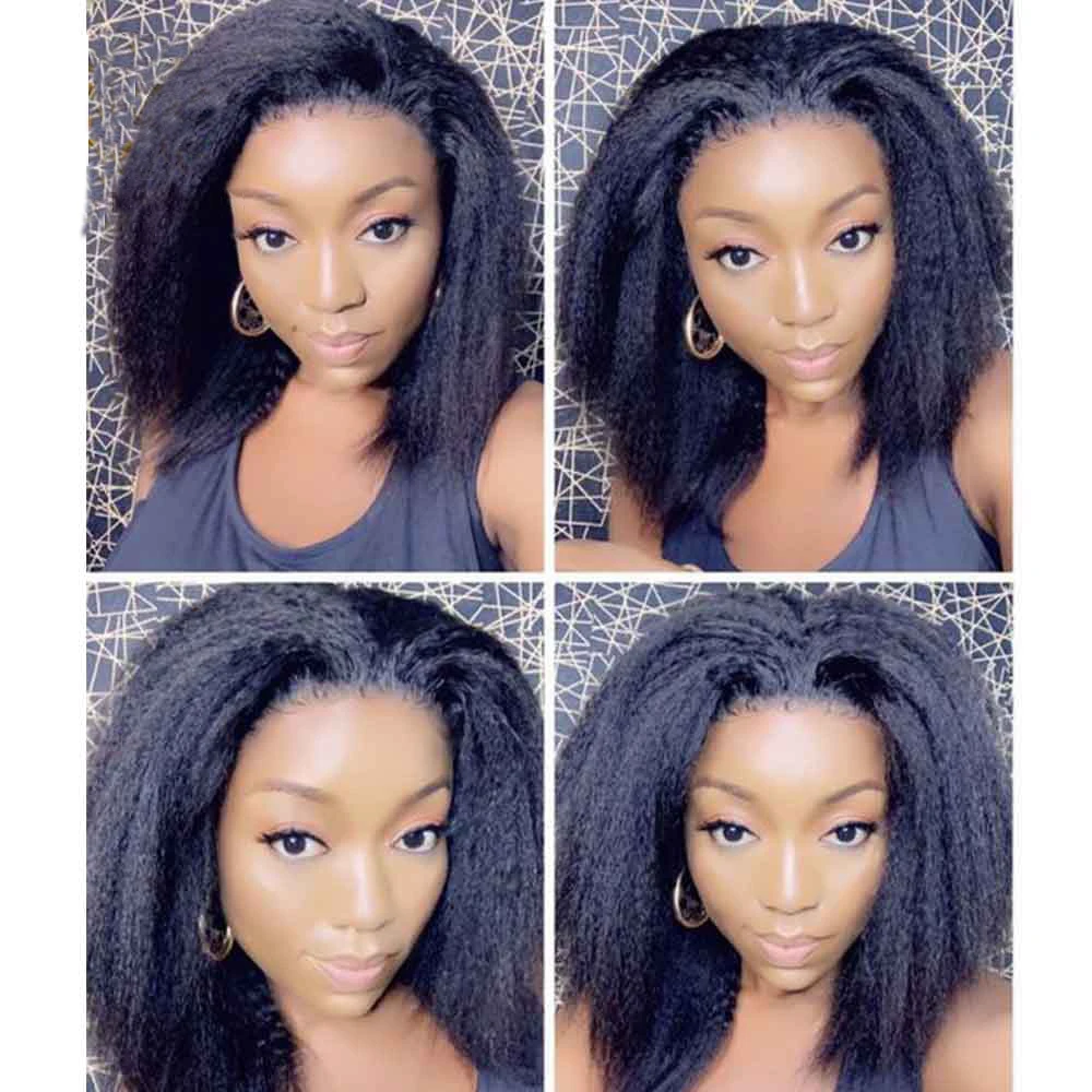 Middle Part Soft Yaki 180 Density Short Bob Kinky Straight Short Cut Wigs Natural Black Lace Front Wig For Women Daily Cosplay Middle Part Soft Yaki 180 Density Short Bob Kinky Straight Short Cut Wigs Natural Black Lace Front Wig For Women Daily Cosplay
