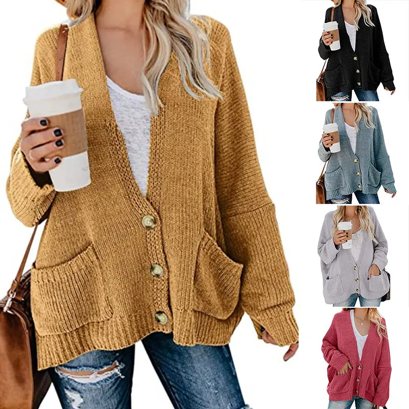 

Women Autumn Cardigan Winter Long Lantern Sleeve Oversized Button Knitted Sweater Knitwear with Pockets