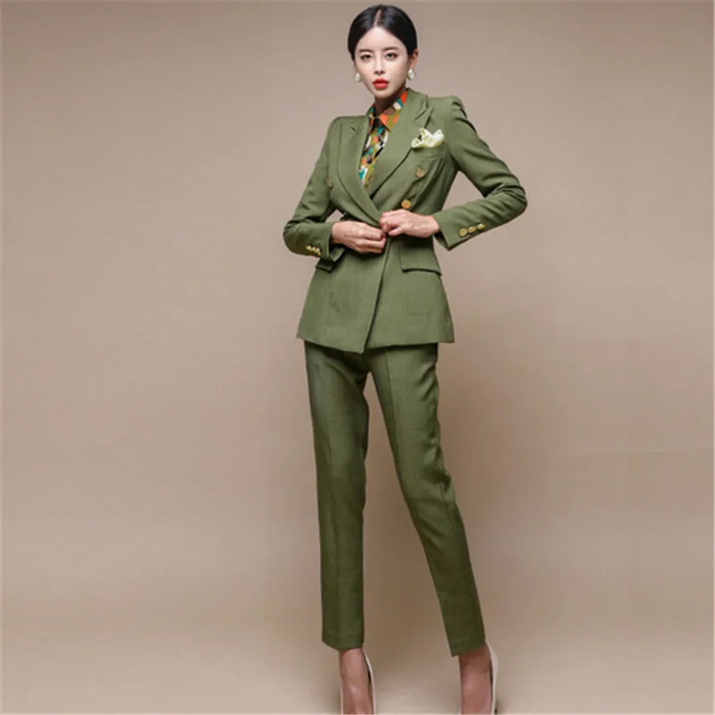 Runway Ladies Autumn Suit Office Work Double Breasted Blazer Trouser Set Fashion Business Pant Suits Women Formal Pantsuit