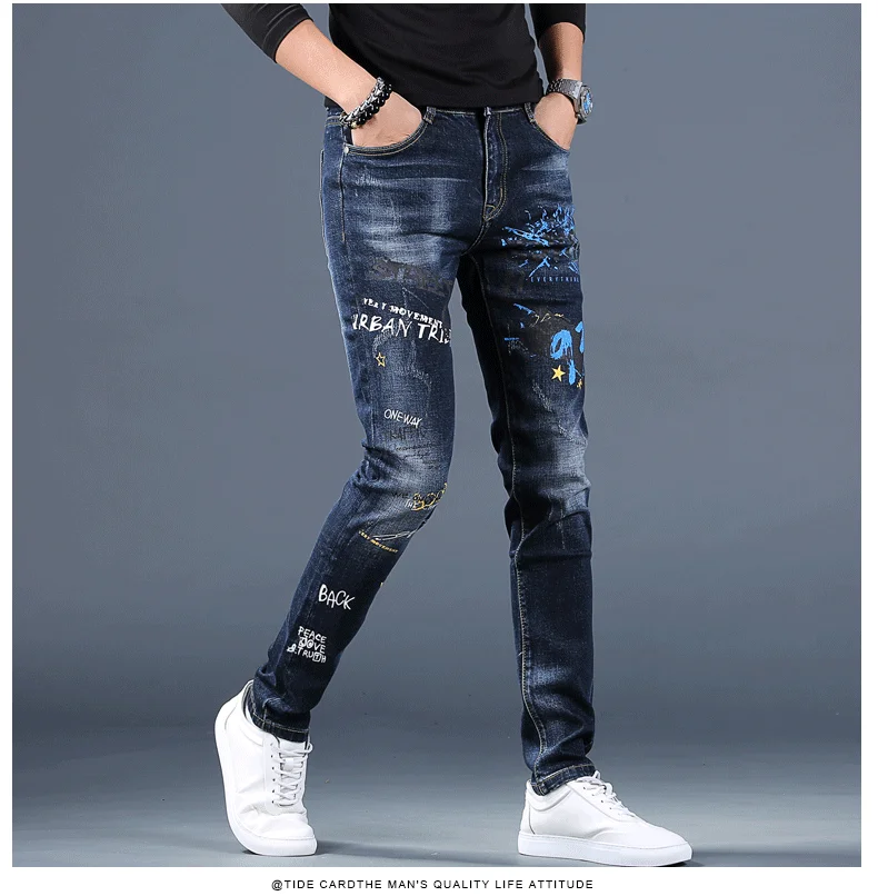 ripped jeans for men Mens stretch denim print pants jeans Korea slimming trendy casual jeans all-match light luxury men jeans . work jeans