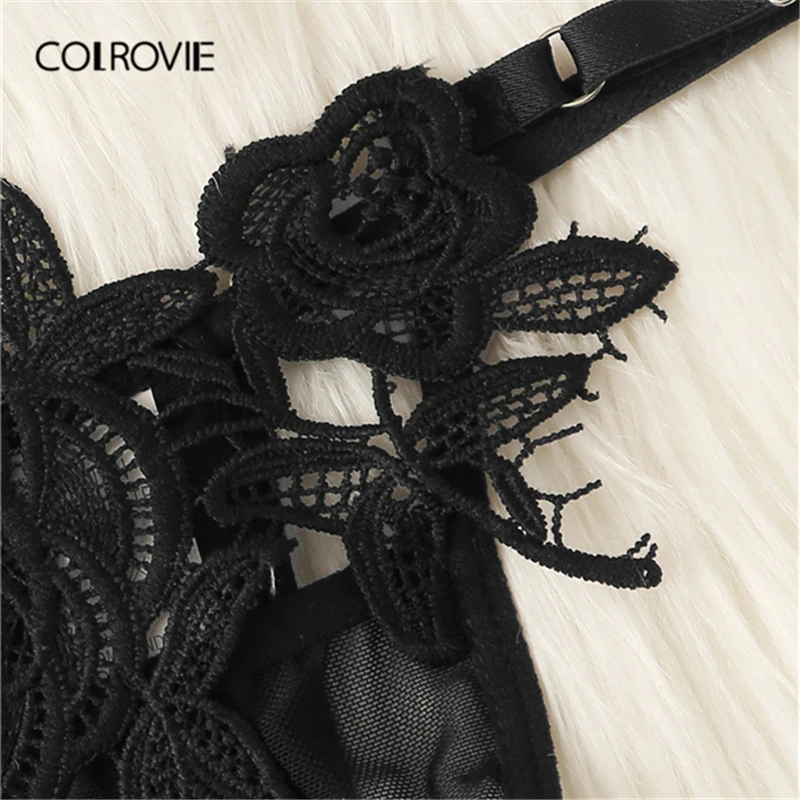COLROVIE/комплект женского нижнего белья с черной цветочной аппликацией и вырезами, женское нижнее белье, однотонные сексуальные комплекты, Bralettes и стринги женский бюстгальтер