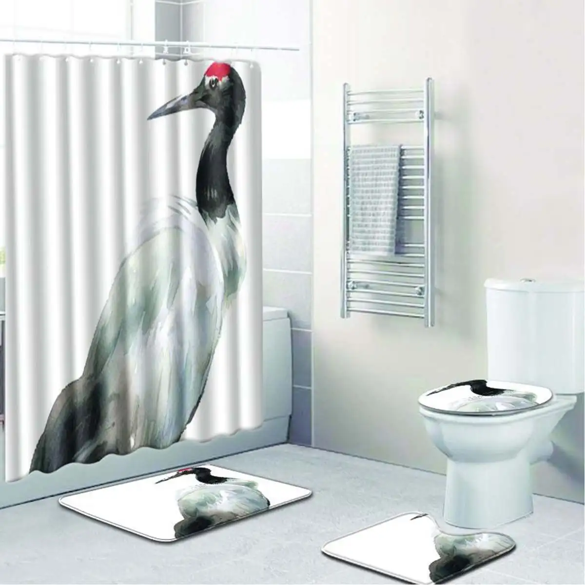 Animal decoration waterproof non-slip polyester bathroom curtain toilet seat cushion carpet three-piece and shower curtain