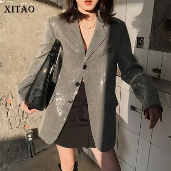 

XITAO Sense of Design Sequins Loose Single Breasted Gray Blazers 2020 Spring New Fashion Korean Blazers Coat Women DMY3755