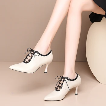 

Women summer high heels shoes square toe sexy genuine leather spring pumps spring heels shoes black thin heel woman shoes 2020