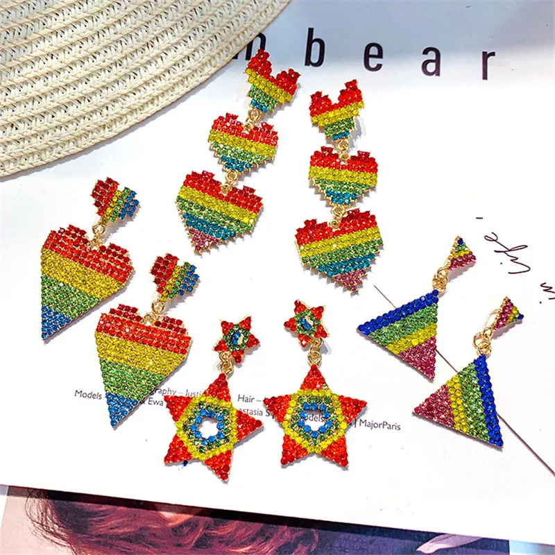 

FYUAN Korea Style Rainbow Colorful Rhinestone Earrings for Women Bijoux Heart Star Crystal Drop Earrings Statement Jewelry Gifts