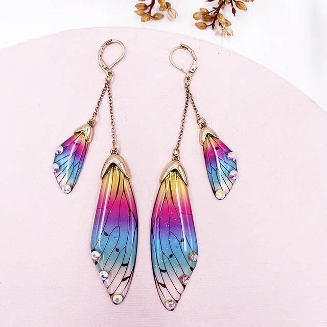 Fairy Resin Butterfly Earrings for Women Shining Crystal Flake Double Wing Long Drop Earrings Ladies Wedding Party Jewelry 2020 CP-Rainbow