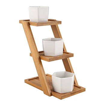 

1 Set Modern Minimalist White Ceramic Flower Pot Succulent Plant Pot 3 Bonsai Planters with 3-Tier Bamboo Shelf Home Garden Deco