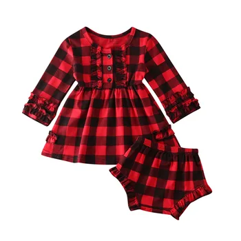 

Infant Clothing Set Christmas Outfit for Baby Girl Red Color Plaid Dress + Bottoms 2pcs Clothes