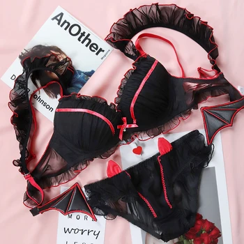 

Japanese girl black lace panties suit feminine sweet and cute little devil wings gather girl loli soft girl bra underwear Women