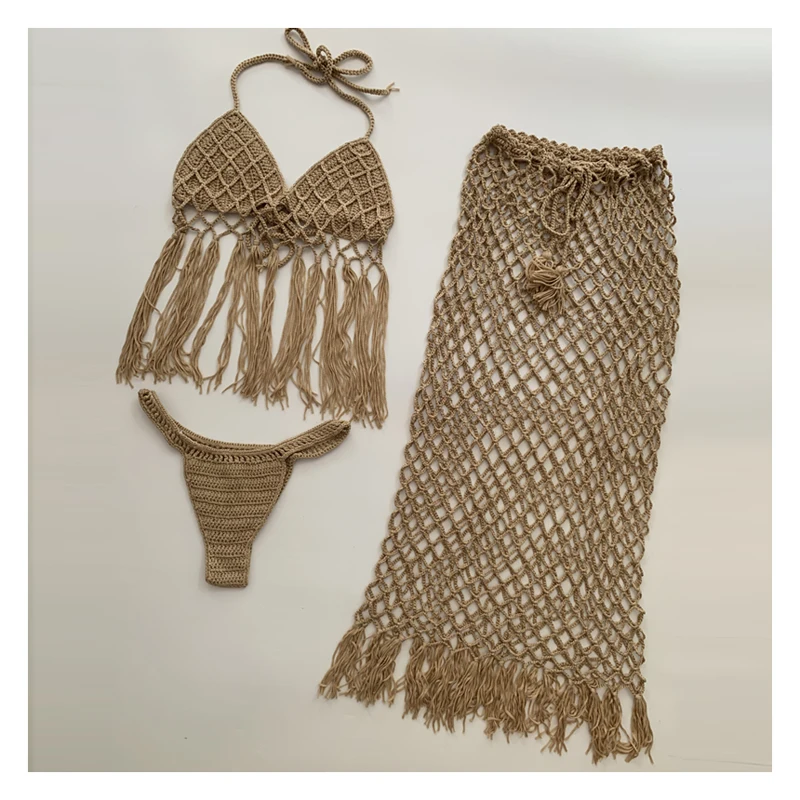 Conjunto de Bikini de ganchillo hecho a mano para mujer, traje de