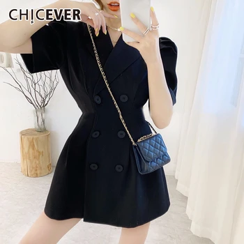 

CHICEVER Dress Women Notched Puff Short Sleeve Tunic High Waist Slim Mini Dresses Female Summer Korean Minimalist New 2020