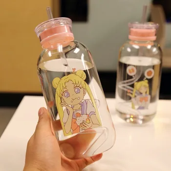 

450ml/700ml Creative Cartoon Sailor Moon Transparent Glass Water Bottle With Straw Lid Kawaii Portable Milk Cup For Girls Gift