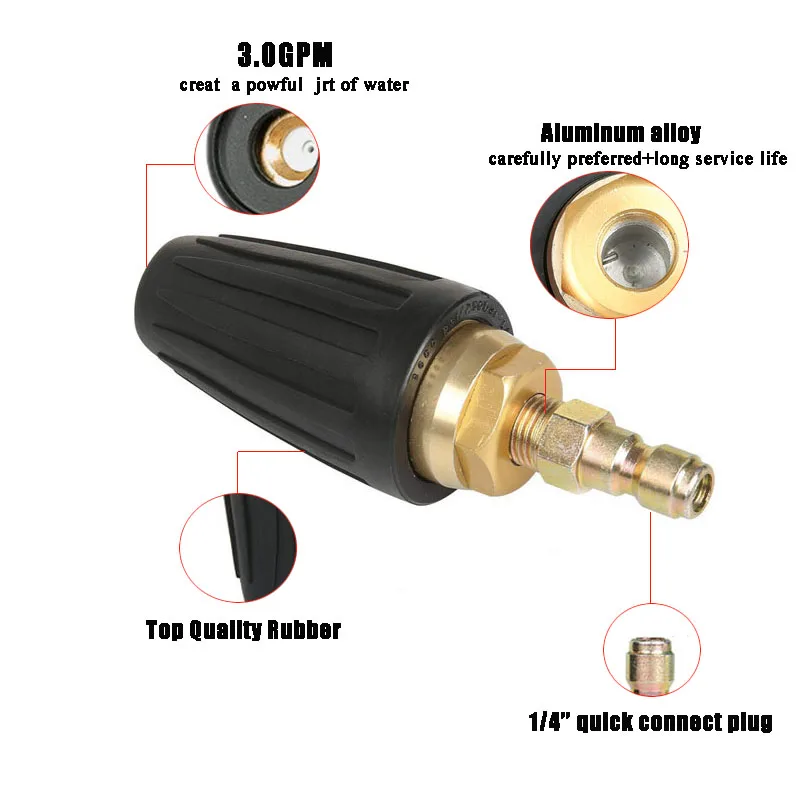 Турбонасадка вращается на 360 °, 3000 фунтов/кв. дюйм 1/4 ''быстрое соединение с 5 распылителями 0, 15, 25, 40 градусов, мыло 3,0 GPM 3,0 отверстие Авто