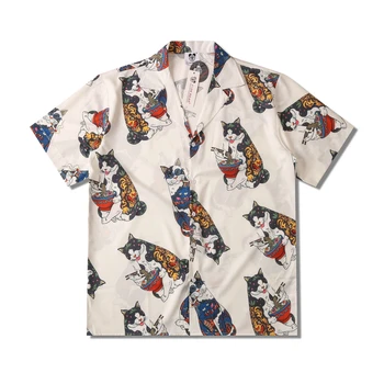 Osobowość kot jeść makaron drukuj hawajskie koszule dla mężczyzn lato z krótkim rękawem koszule plażowe męskie styl japoński koszulka Homme tanie i dobre opinie Raise Trust CN (pochodzenie) POLIESTER Beach KOSZULE CODZIENNE SHORT Na co dzień summer Wykładany kołnierzyk Jednorzędowe