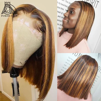 

13x4 Straight Highlight Wig Ombre Brown Honey Blonde Short Bob Wig Transparent Lace Front Wigs 150% Density Remy