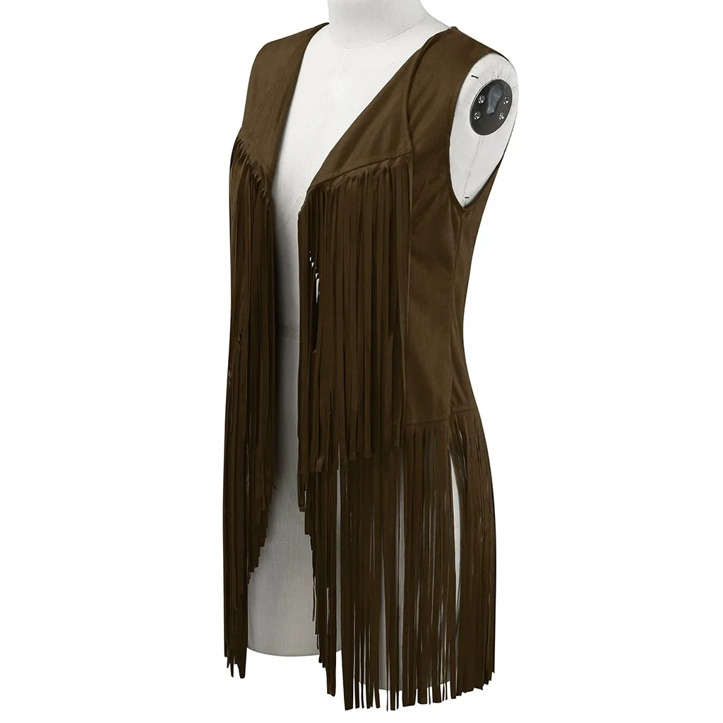 Women Autumn Winter Suede Ethnic Sleeveless Tassels Fringed Vest Cardigan