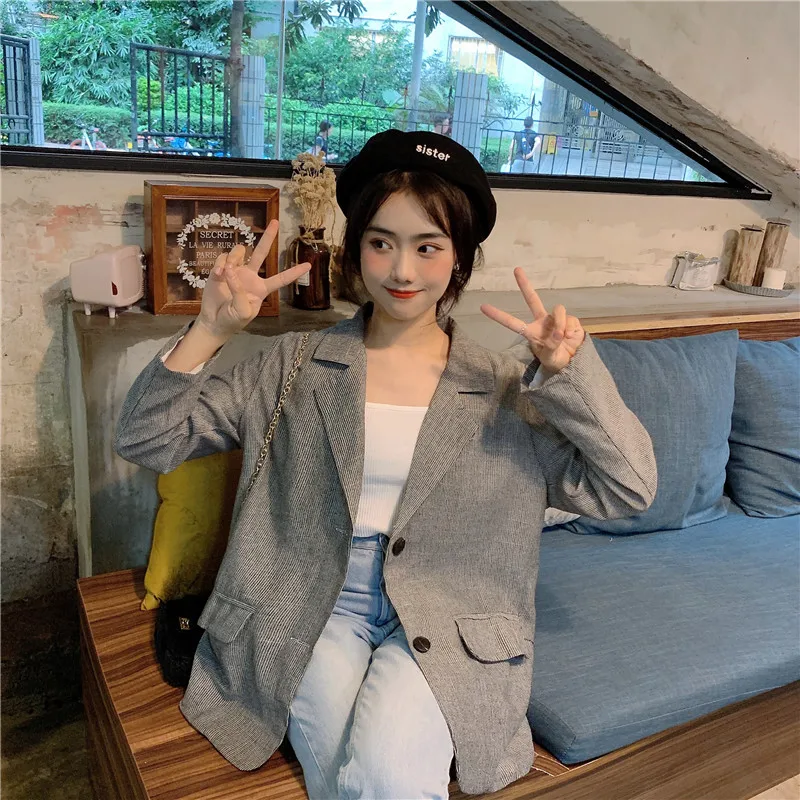 Photo Shoot Autumn New Style Korean-style Loose-Fit BF Style Retro Thin Stripe GIRL'S Long Sleeve Suit Jacket Women's