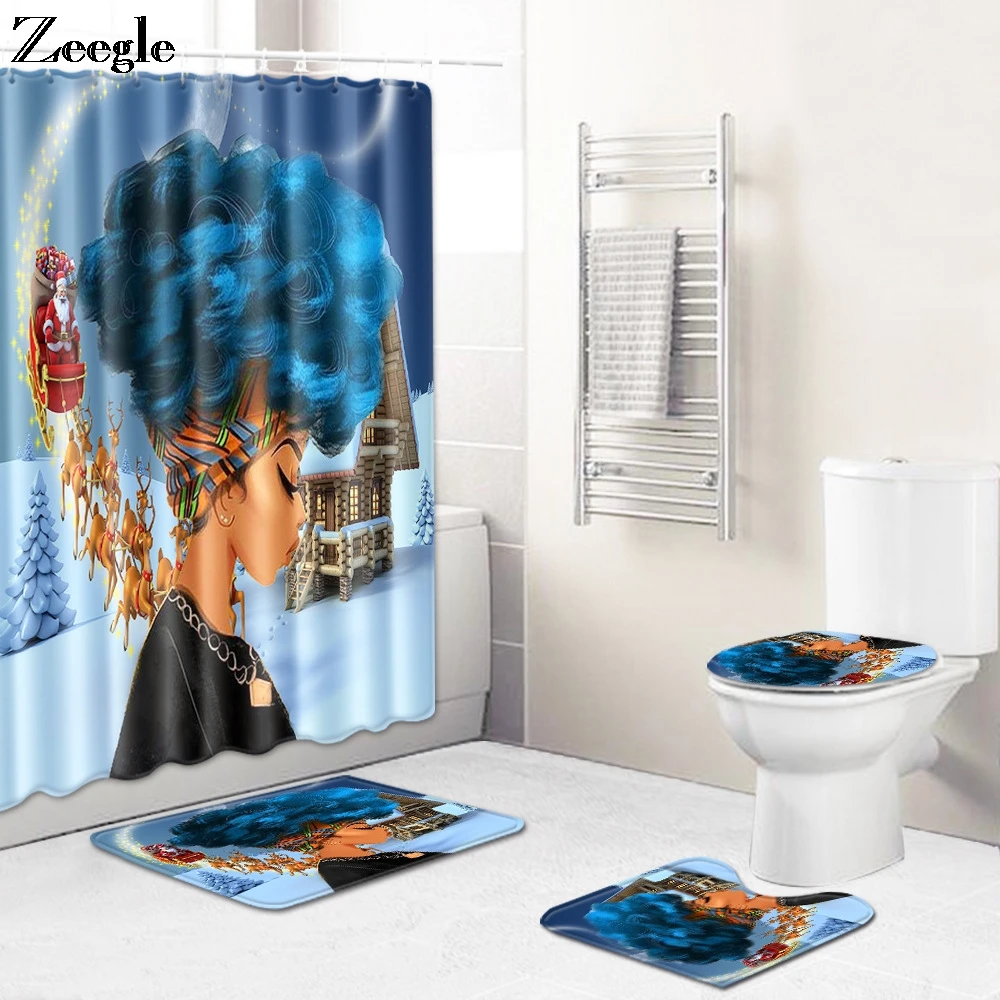 Zeegle Christmas Curtain Bathroom Decoration Mat Anti-slip Bathroom Doormat Shower Mat Flannel Soft Toilet Cover Seat Mat Set