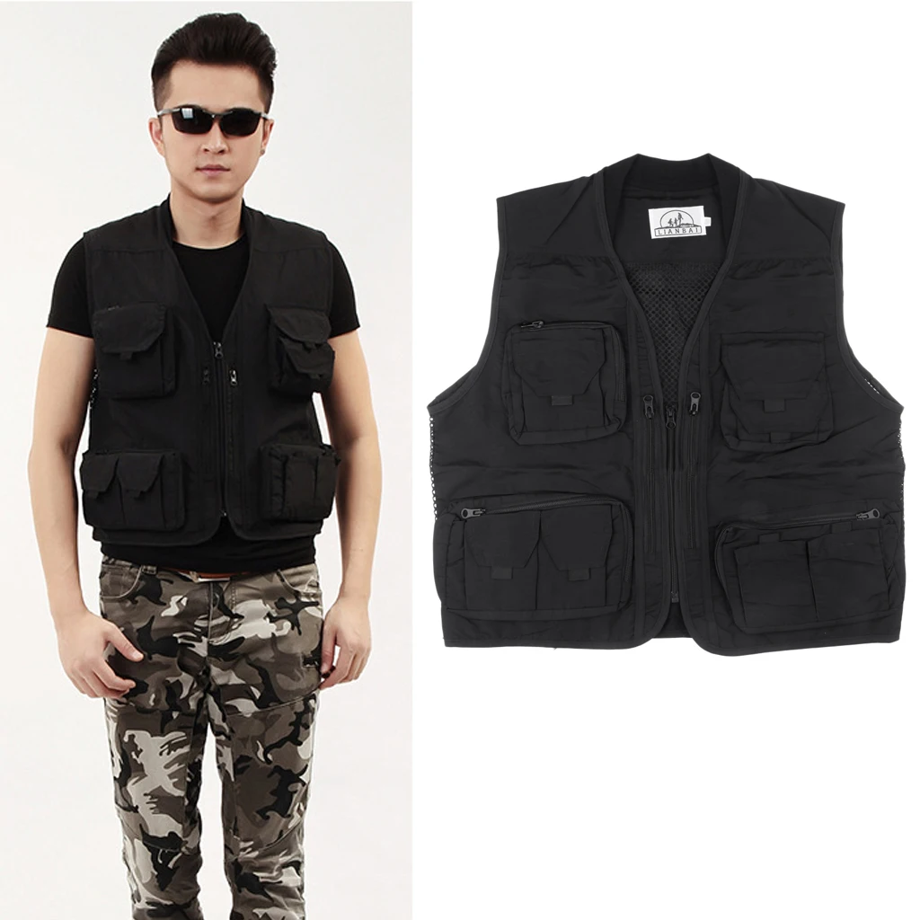 Men Multi Pocket Mesh Fishing Vest Multi-pocket Fishing Photographer Quick Dry Breathable Vest Outdoor Causal Jacket Black