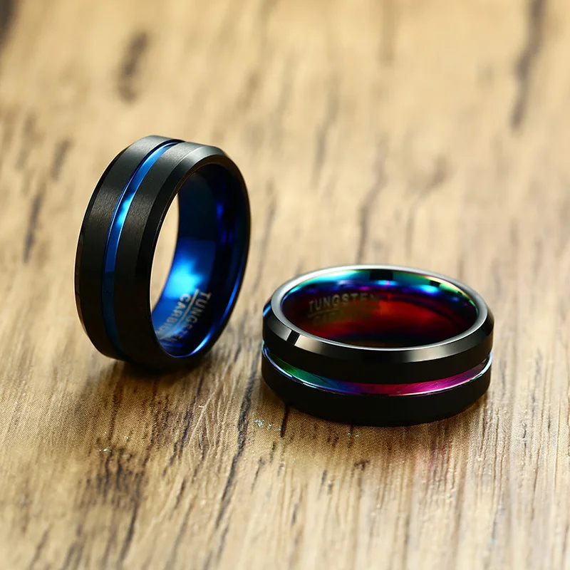 

8MM Men's Tungsten Carbide Wedding Band Two Tone Black Ring for Men Rainbow Grooved on Brushed Center Beveled Edges Male Jewelry