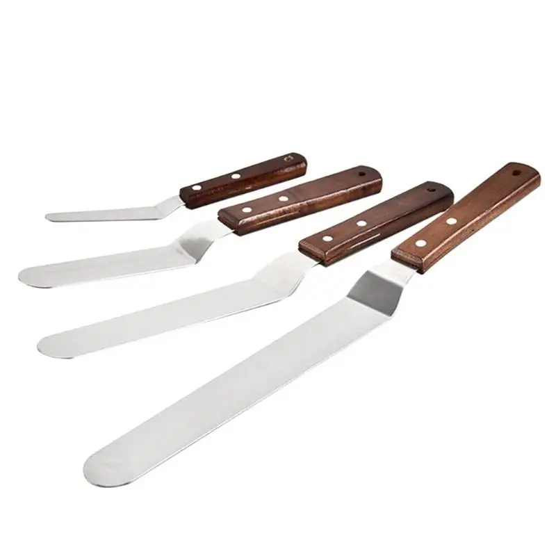 4pcs Colored Wood Handle Cake Spatulas Stainless Steel Butter Cream Mixing Batter Scraper Shovel Ki