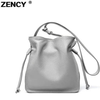 

ZENCY 100% Full Genuine Cow Leather Bucket Handle Bags Women Messenger Cross Body Shoulder Cross Body Bag Top Cowhide Handbag