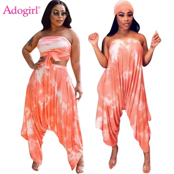 

Adogirl Tie Type Print Women Casual Two Piece Set Strapless Loose Jumpsuit Headband Self Tie Crop Top Harem Pants Female Outfits