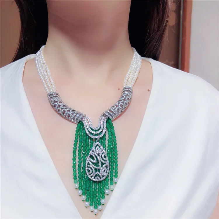 20'' 4 Strands White Pearl Freshwater Statement Necklace CZ Pave Green Jade Pendant
