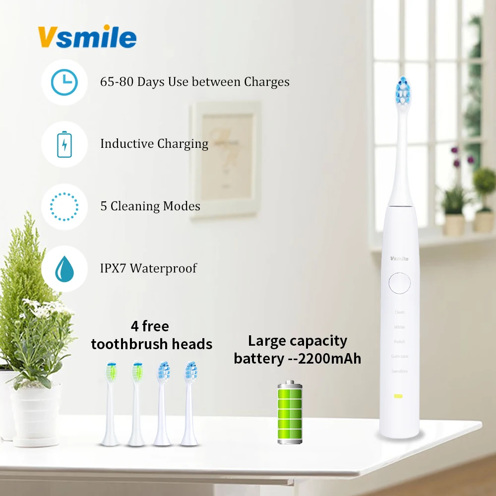 Vsmile многофункциональная электрическая зубная щетка с pазные насадки 5 режимов, последние 80 дней на одной зарядке, водостойкая зубная щетка