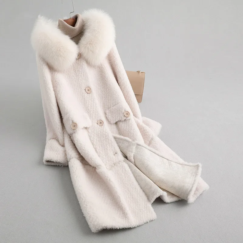 cream white AYUNSUE зимнее пальто женское пальто из натурального меха женская куртка из короткой овечьей шерсти воротник из натурального Лисьего меха шерстяное пальто Длинная Куртка MY4580 - Цвет: cream white